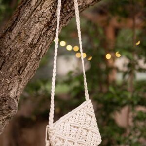 Cotton Macrame Purse Bag | Hand-Woven Knitted Crossbody Shoulder Strap Zipper | Cute Fringe Boho Coin (White)