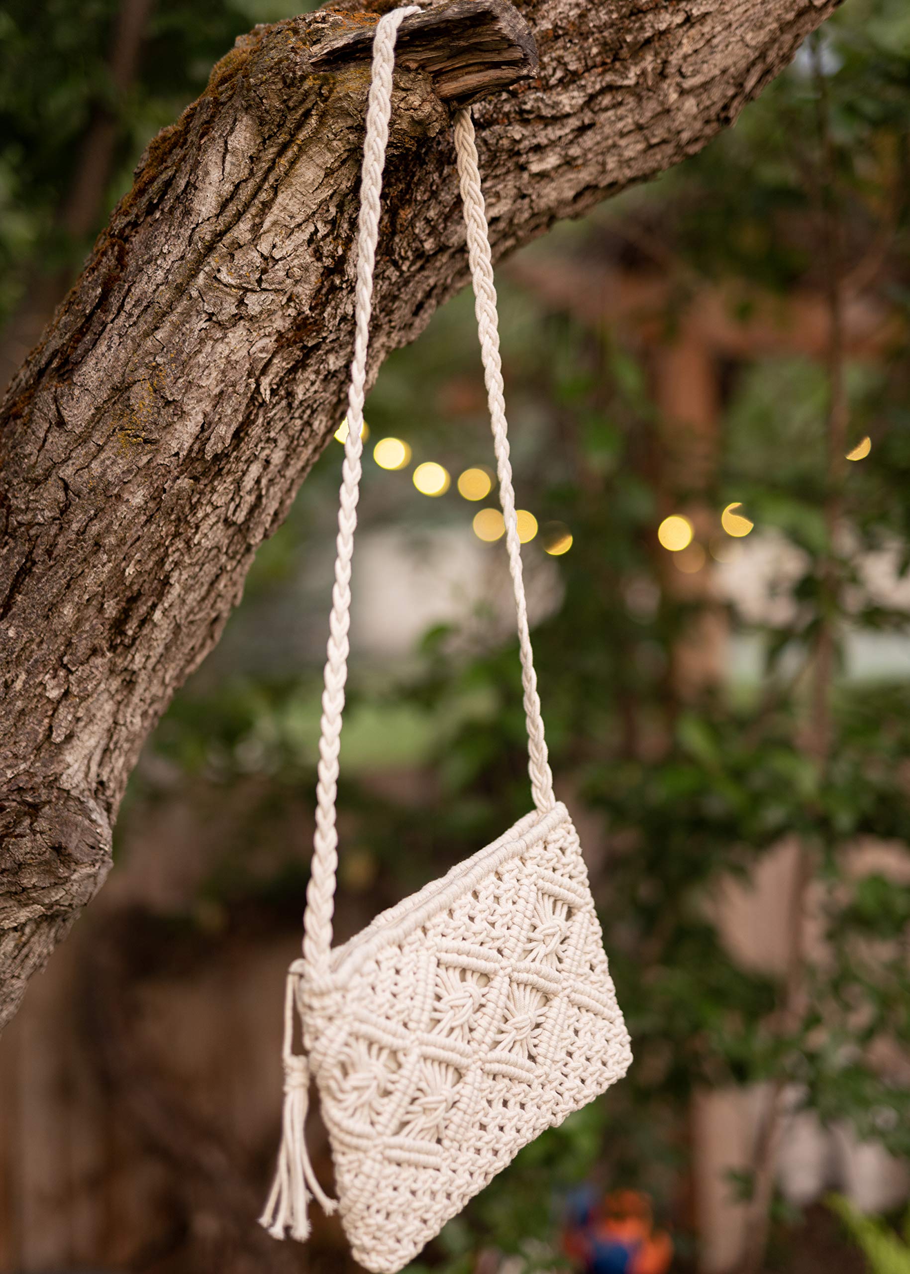 Cotton Macrame Purse Bag | Hand-Woven Knitted Crossbody Shoulder Strap Zipper | Cute Fringe Boho Coin (White)