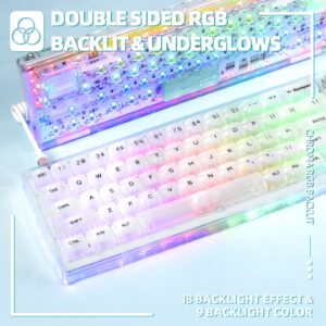 65% Hot-Swap Wired Mechanical Gaming Keyboard Programmable with Transparent 66 Key Full Side RGB OWERTY Linear Ice White Switch Custom Coiled C to A Cable Media Knob 2-IN-1 Case for WIN/PC/MAC(White)