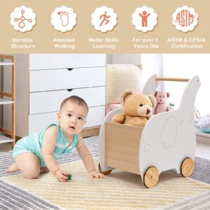 GLACER 2-in-1 Baby Learning Walker, Wooden Toy Stroller w/Rubber Ring Wheels, Kids Elephant-Shaped Shopping Cart, Toddler Push & Pull Wagon Cart for Over 1 Year Old, Gift for Boys & Girls, White