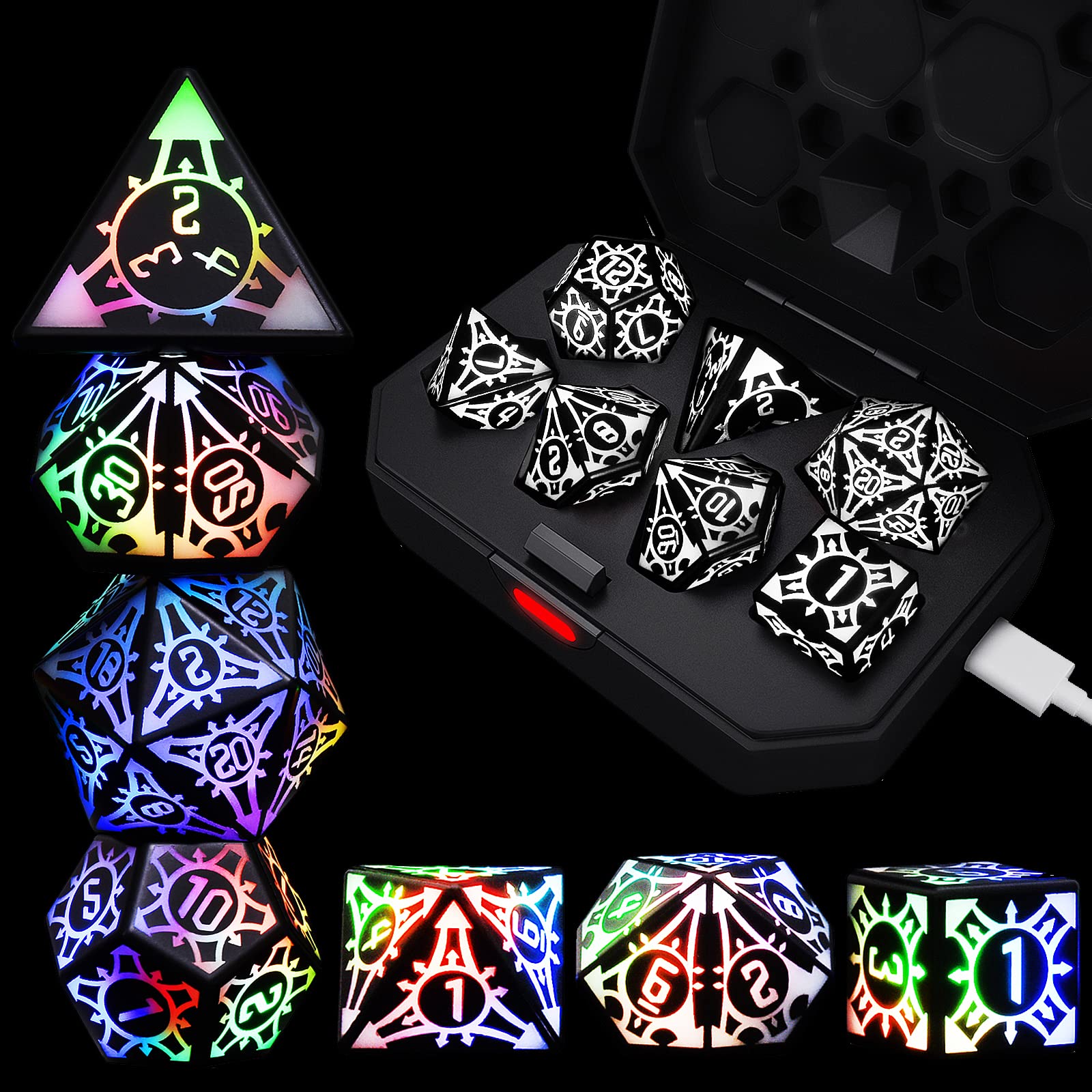 LOOKDNDS LED DND Dice Set, Light Up Dice with Charging Box, 7 PCS LED Electronic Dices, LOOKDNDS Dice Polyhedral Dice Sets for MTG Pathfinder Role Playing Game (Sword Dice)