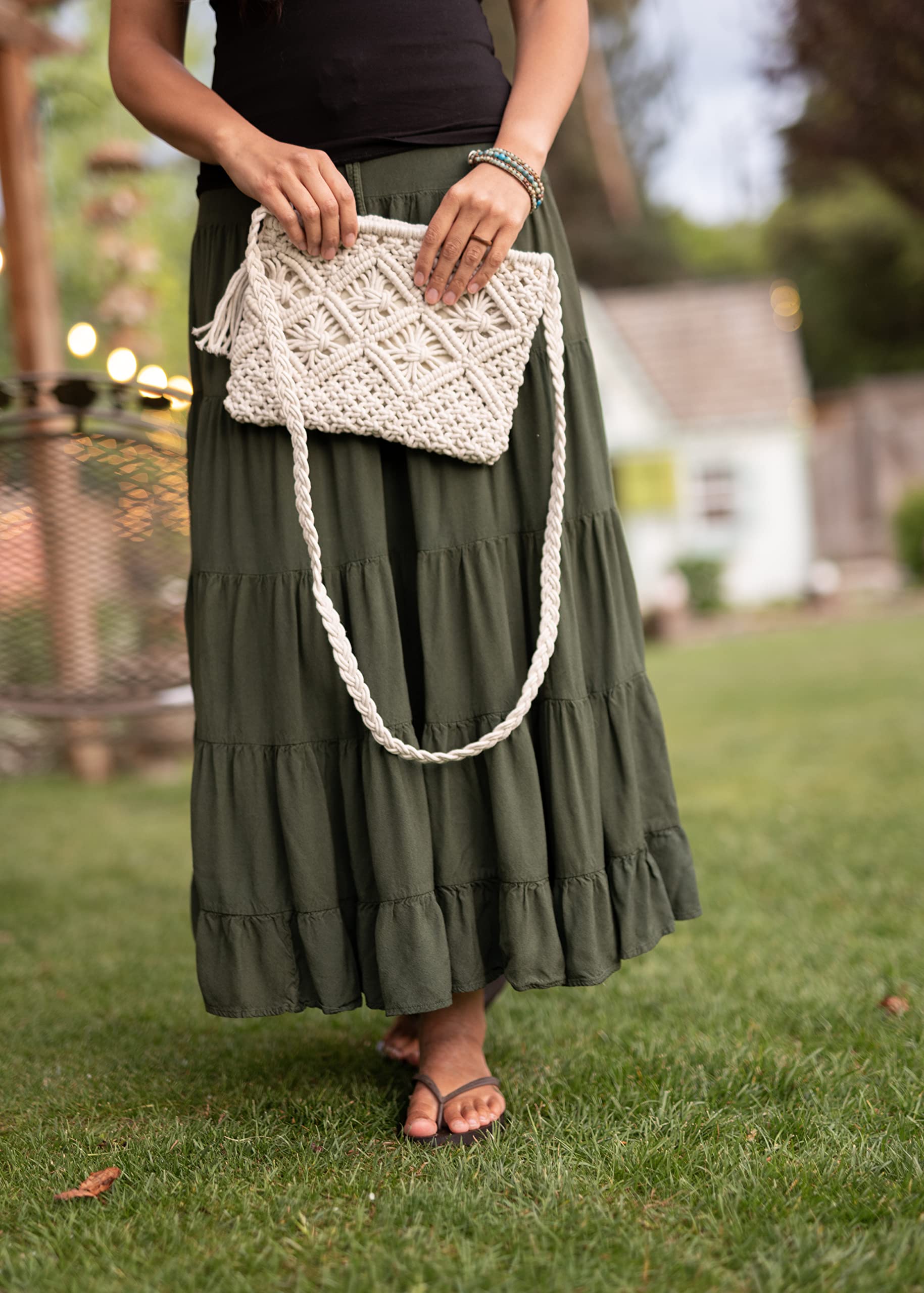 Cotton Macrame Purse Bag | Hand-Woven Knitted Crossbody Shoulder Strap Zipper | Cute Fringe Boho Coin (White)