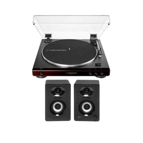 Audio-Technica AT-LP60X Fully Automatic Belt-Drive Stereo Turntable (Brown) Bundle with Bluetooth Studio Monitors - Pair (2 Items)