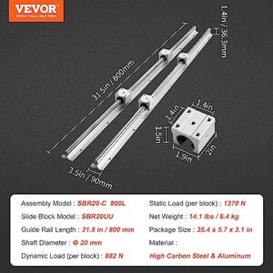 VEVOR Linear Rail Slide SBR20-800mm 2 PCS and 4 PCS SBR20UU Slide Blocks Linear Guide Rail and Bearings Kit for Automated Machines DIY Project CNC Router Machines