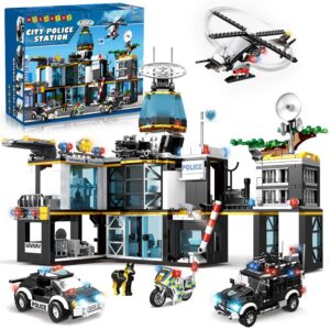 HOGOKIDS City Police Station Building Set - 1261 PCS Police Building Blocks Toys with Helicopter Motorcycle and 2 Cars, STEM Police Construction Playset for Kids Boys Girls Aged 8 9 10 11 12+