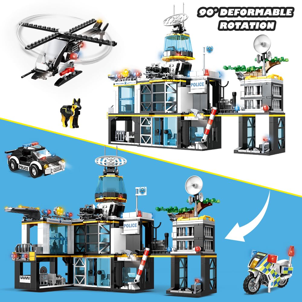 HOGOKIDS City Police Station Building Set - 1261 PCS Police Building Blocks Toys with Helicopter Motorcycle and 2 Cars, STEM Police Construction Playset for Kids Boys Girls Aged 8 9 10 11 12+