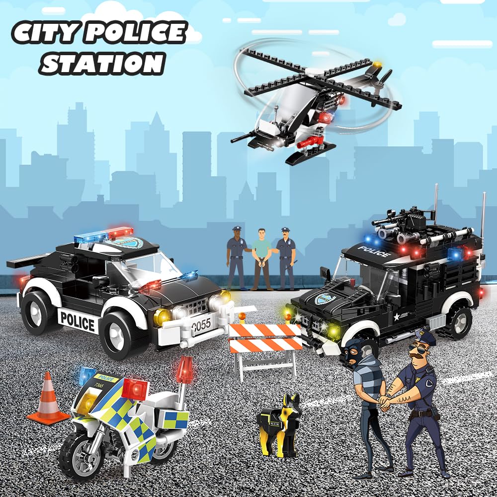 HOGOKIDS City Police Station Building Set - 1261 PCS Police Building Blocks Toys with Helicopter Motorcycle and 2 Cars, STEM Police Construction Playset for Kids Boys Girls Aged 8 9 10 11 12+