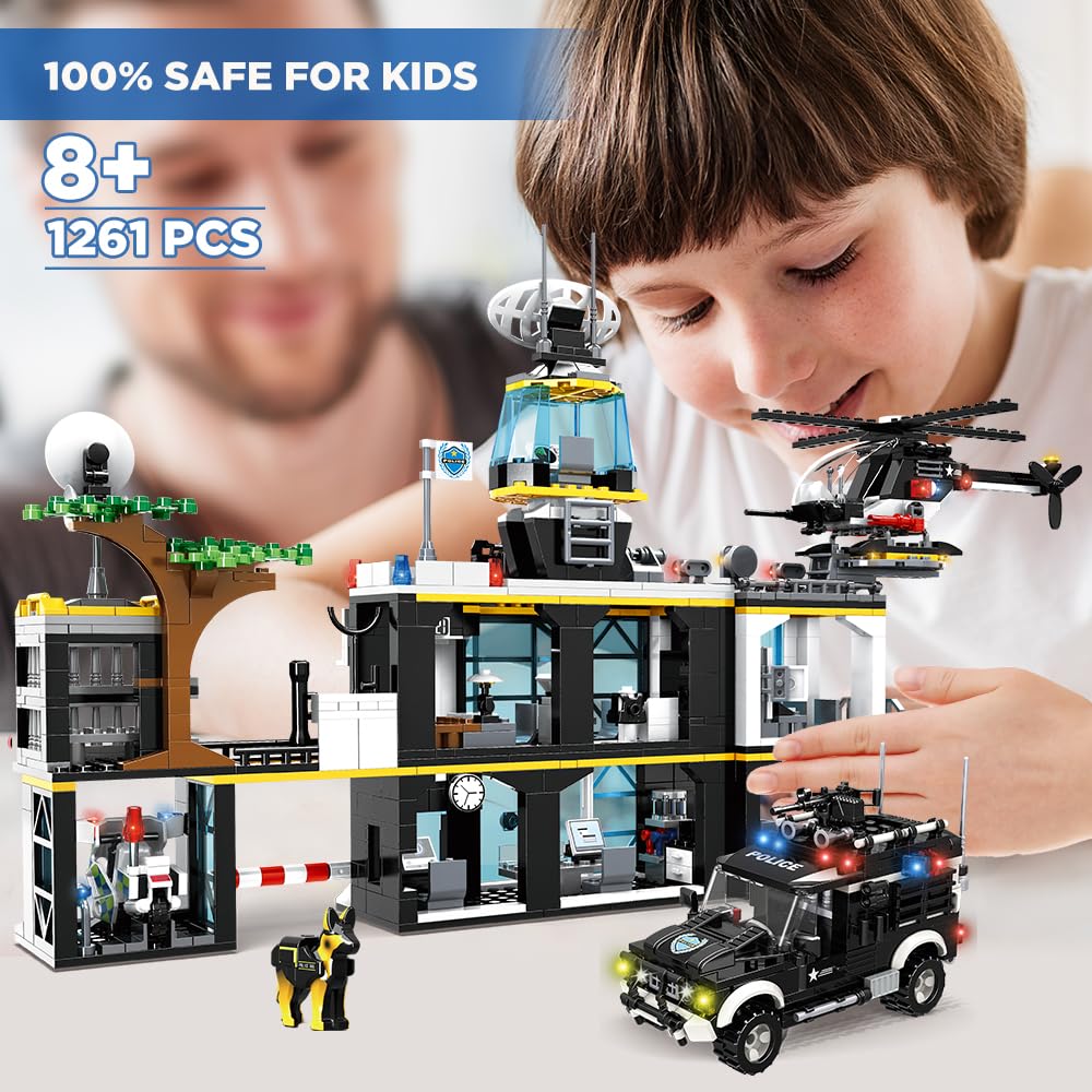 HOGOKIDS City Police Station Building Set - 1261 PCS Police Building Blocks Toys with Helicopter Motorcycle and 2 Cars, STEM Police Construction Playset for Kids Boys Girls Aged 8 9 10 11 12+