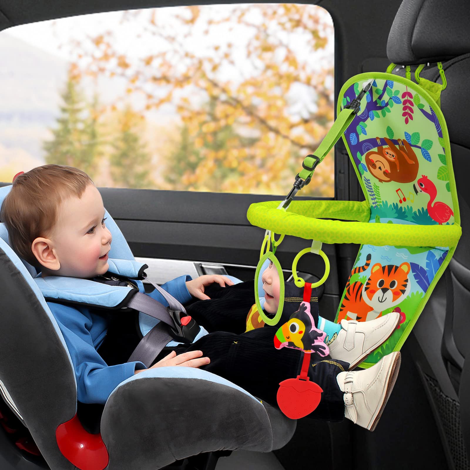 OKOOKO Car Seat Toy Rear Facing Car Seat Toy Baby Travel Toy Kick and Play with Baby Mirror Plush Toys Thickened Pad Adjustable Sensory Toy for Newborn Baby Infant