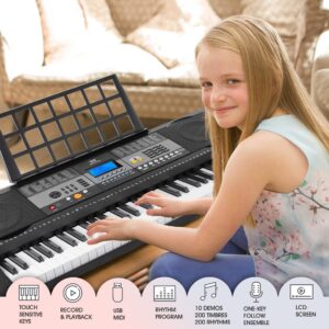 MUSTAR Piano Keyboard 61 Key, Electric Keyboard Piano with Stand, Touch Sensitive Keyboards Piano 61 Key for Beginners, Headphones, Microphone, MP3/USB/LCD Screen, Holiday Birthday Gifts