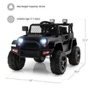 OLAKIDS Kids Ride On Truck, 12V Electric Vehicle Jeep Car with Remote Control, Toddlers Battery Powered Toy with 2 Speeds, Spring Suspension, Double Open Doors, LED Lights, Music, TF, USB, Mp3 (Black)