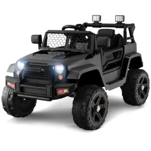 olakids kids ride on truck, 12v electric vehicle jeep car with remote control, toddlers battery powered toy with 2 speeds, spring suspension, double open doors, led lights, music, tf, usb, mp3 (black)