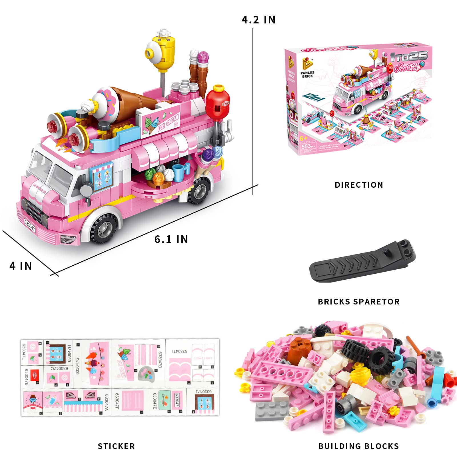 PANLOS 553 PCS Building Toys for Girls, 25-in-1 Ice Cream Truck Building Bricks Construction Vehicles Kit, STEM Learning Building Blocks Set, Birthday Gifts for Kids Girls Age 5-12