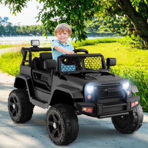 OLAKIDS Kids Ride On Truck, 12V Electric Vehicle Jeep Car with Remote Control, Toddlers Battery Powered Toy with 2 Speeds, Spring Suspension, Double Open Doors, LED Lights, Music, TF, USB, Mp3 (Black)