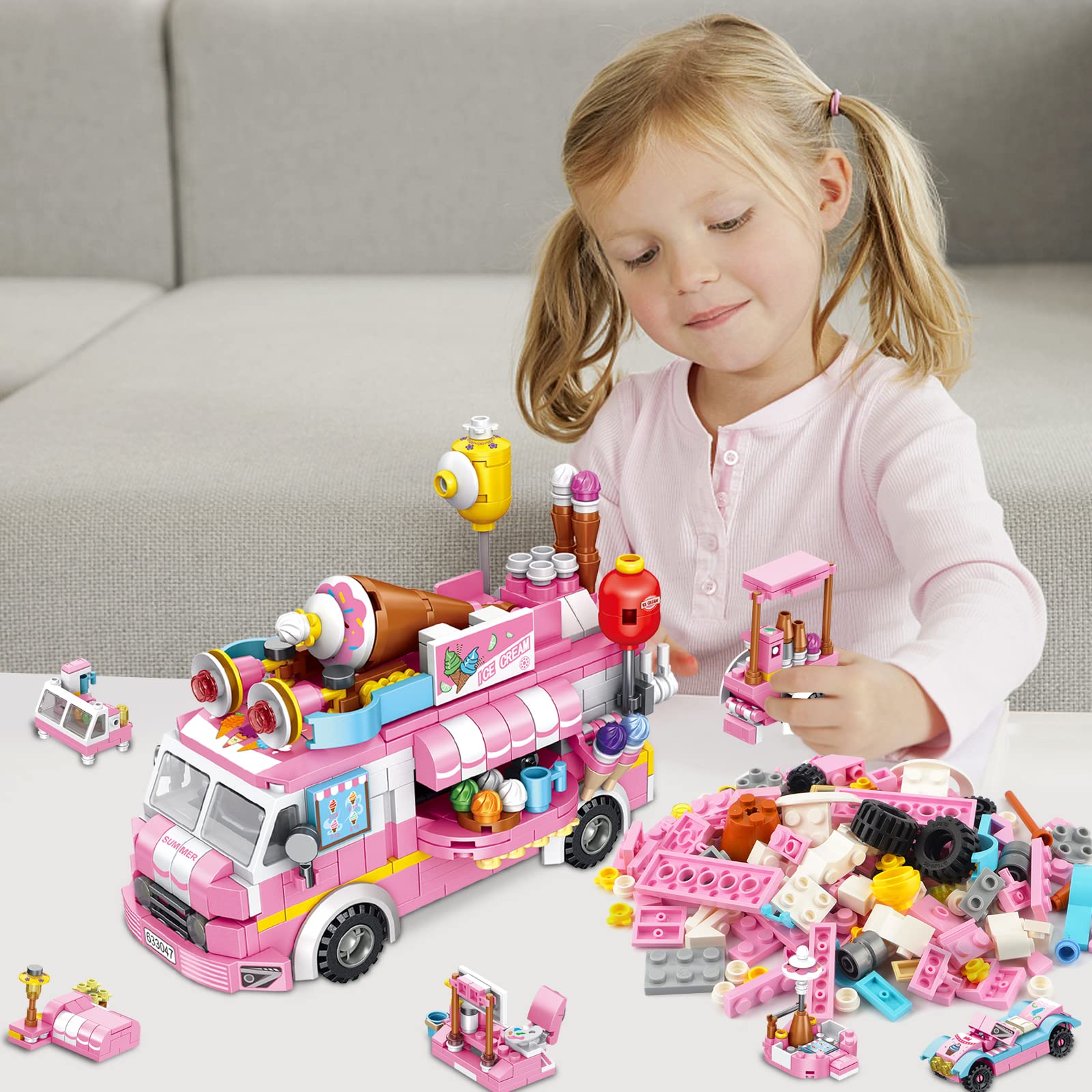 PANLOS 553 PCS Building Toys for Girls, 25-in-1 Ice Cream Truck Building Bricks Construction Vehicles Kit, STEM Learning Building Blocks Set, Birthday Gifts for Kids Girls Age 5-12