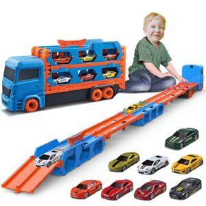 hseonejia toddler transport truck toy for 2 3 4 5 6 years old boys, 64-inch foldable car race track for boys kids, 9 in 1 die-cast car carrier truck toy for boys and girls gift