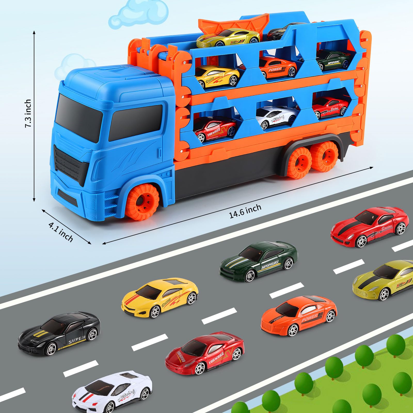 HSEONEJIA Toddler Transport Truck Toy for 2 3 4 5 6 Years Old Boys, 64-Inch Foldable Car Race Track for Boys Kids, 9 in 1 Die-Cast Car Carrier Truck Toy for Boys and Girls Gift