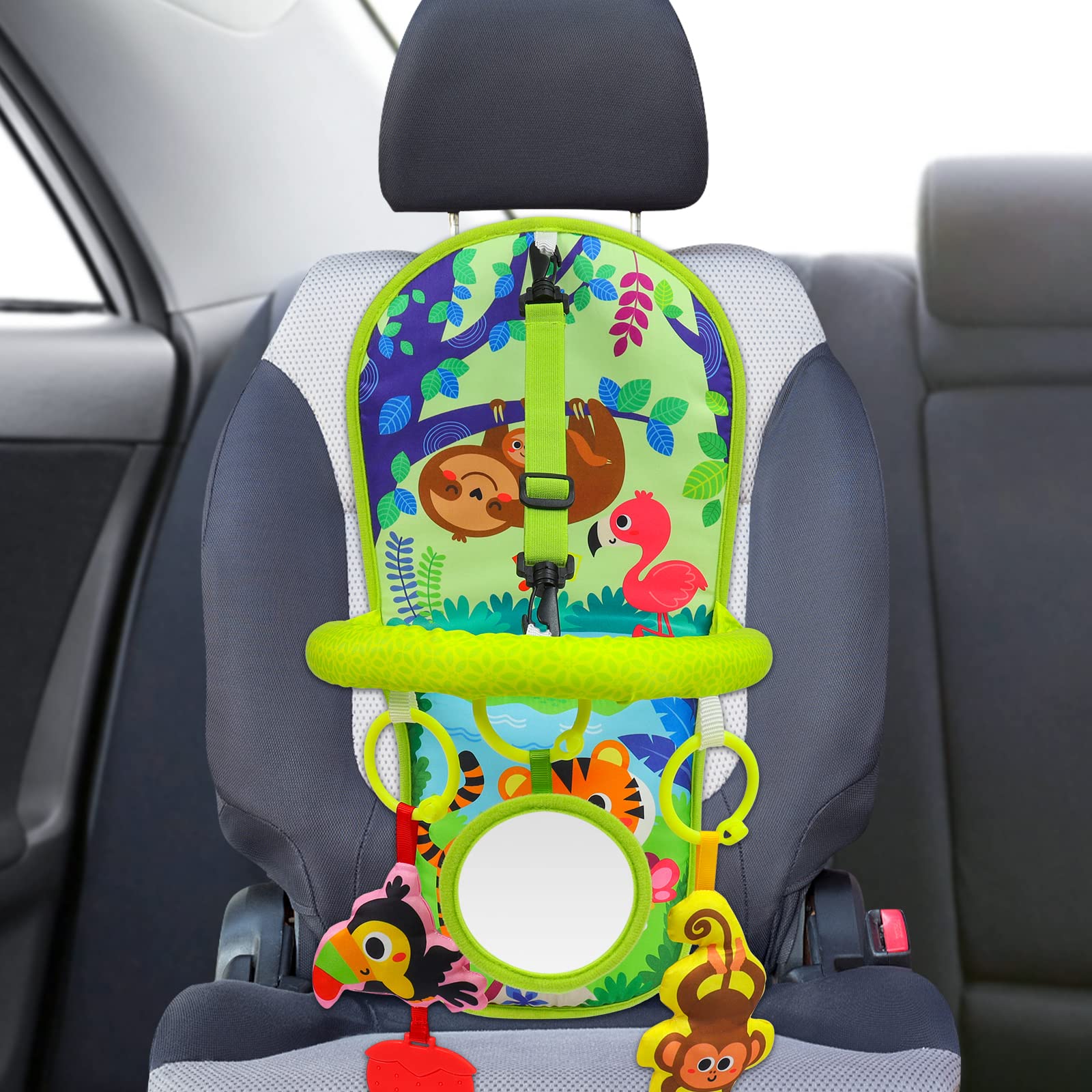 OKOOKO Car Seat Toy Rear Facing Car Seat Toy Baby Travel Toy Kick and Play with Baby Mirror Plush Toys Thickened Pad Adjustable Sensory Toy for Newborn Baby Infant