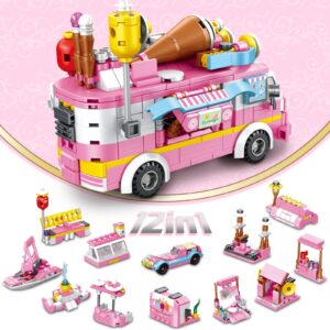 PANLOS 553 PCS Building Toys for Girls, 25-in-1 Ice Cream Truck Building Bricks Construction Vehicles Kit, STEM Learning Building Blocks Set, Birthday Gifts for Kids Girls Age 5-12