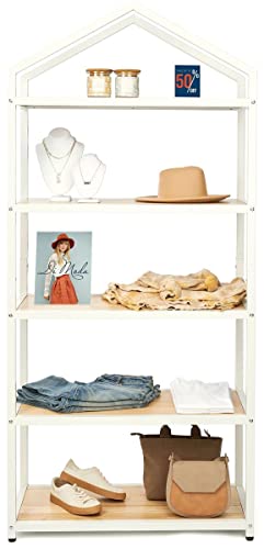 Displays2go 5-Tier Home or Retail Shelving Unit, Wrought Iron Frame, Open Back, Triangle Top Design - Ivory