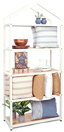 Displays2go 5-Tier Home or Retail Shelving Unit, Wrought Iron Frame, Open Back, Triangle Top Design - Ivory