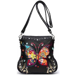 Butterfly Flower Concealed Carry Purse Women Spring Rhinestone Crossbody Handbags Single Shoulder Bag (Black Set)