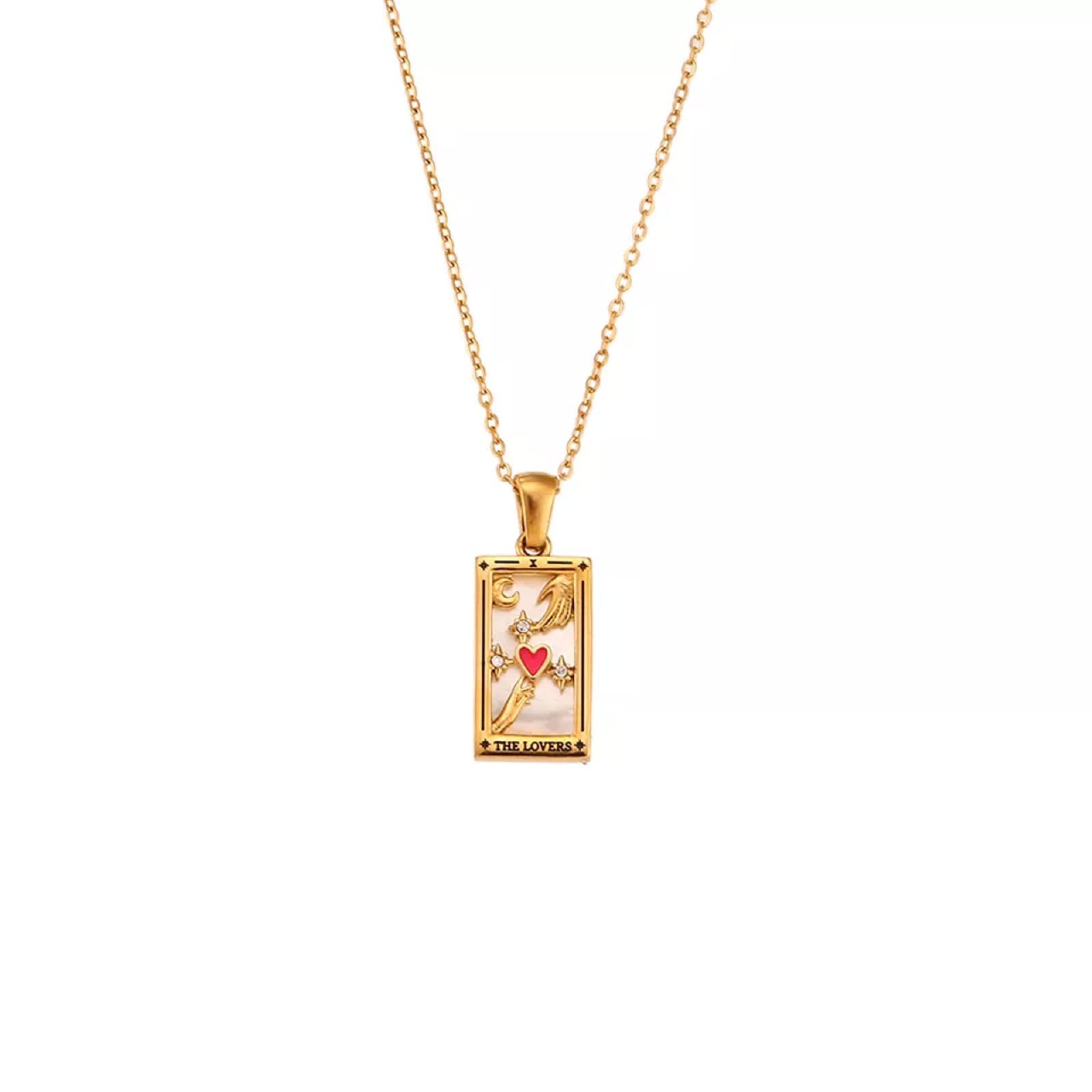 AYNN 18k Gold Plated 316L Stainless Steel Square Colorful Enamel Tarot Cards Pendant Necklace Jewelry Hypoallergenic (Lovers)