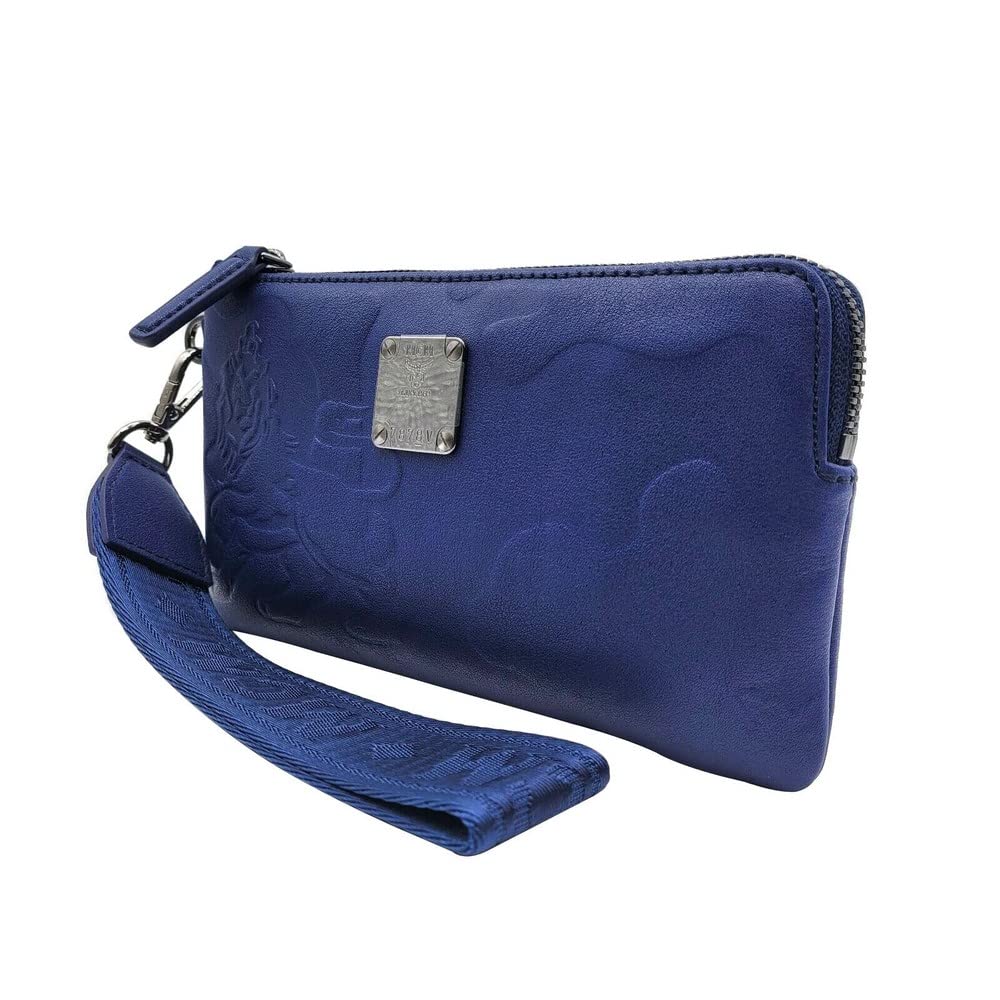 MCM Women's Estate Blue Leather Lion Camo Zipped Wrist Pouch Wallet