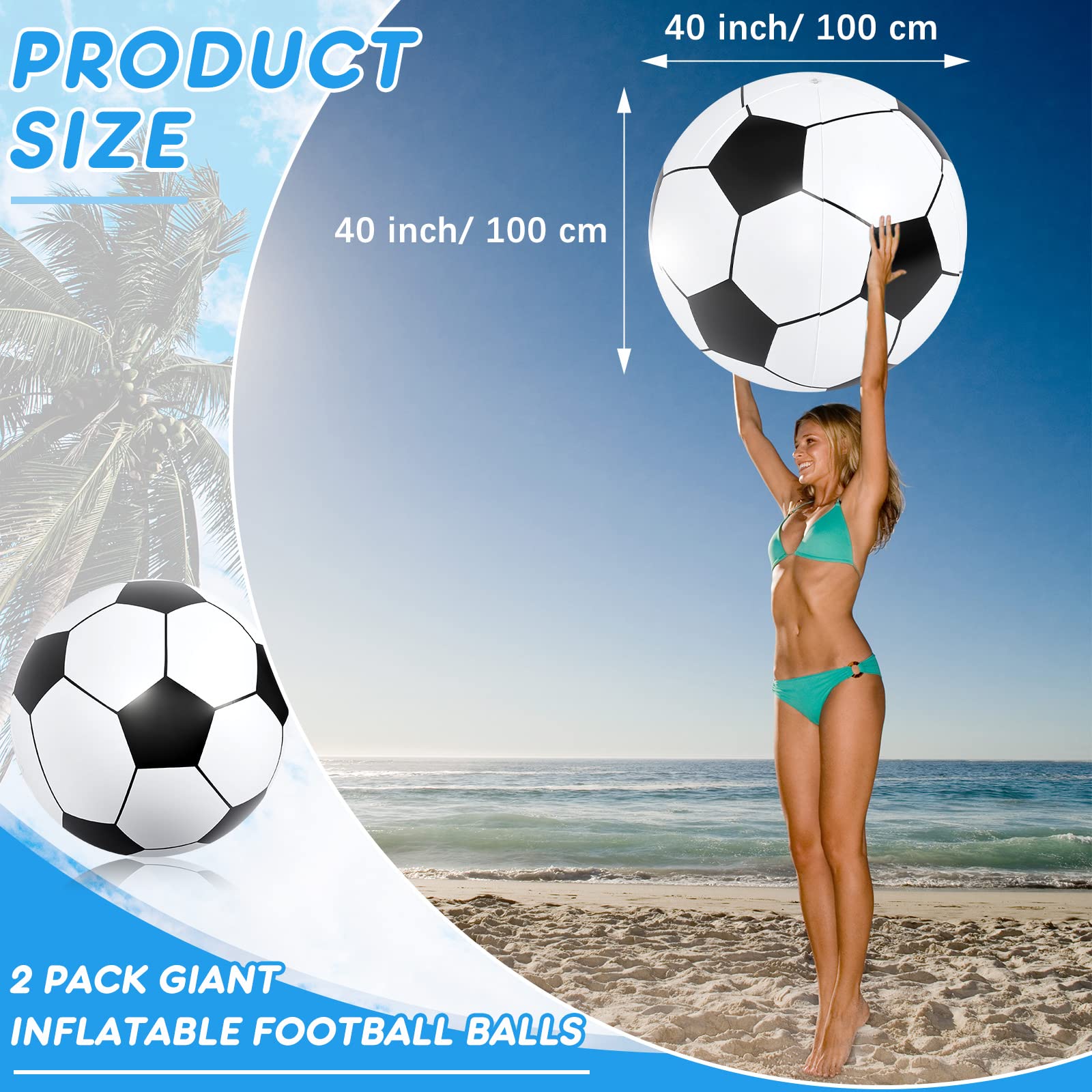 Lewtemi 2 Pcs 40 Inch Giant Inflatable Soccer Ball Large Huge Beach Ball Football Sports Birthday Party Decoration Favors Operation Christmas Pool Themed Toys for Outdoor Activity Games(Black)