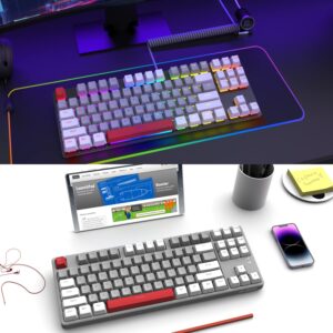 A.JAZZ AK873 Wired 87 Key TKL Retro Color Mechanical Gaming Keyboard with Rainbow Backlit Hot-swap Linear Red Switch NKRO Gasket Custom Coiled Aviator C to A Cable for Win/PC/Mac Gamer(White Gray)