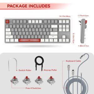 Magic-Refiner AK873 Gaming Keyboard,Rainbow Led Backlit,Hot-Swappable Linear Red Switch,PBT Keycap,75% TKL Layout,Ergonomic Mechanical Keyboard with Custom Coiled USB/Type-C Aviation Cable(White Grey)