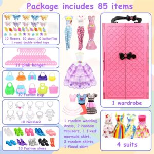 BNUZEIYI 85PCS Doll Clothes and Accessories with Doll Closet for 11.5 Inch Doll - Fashion Design Doll Set Including Wedding Dress Fashion Dresses Outfits Tops and Pants Shoes Hangers Bags for Girls