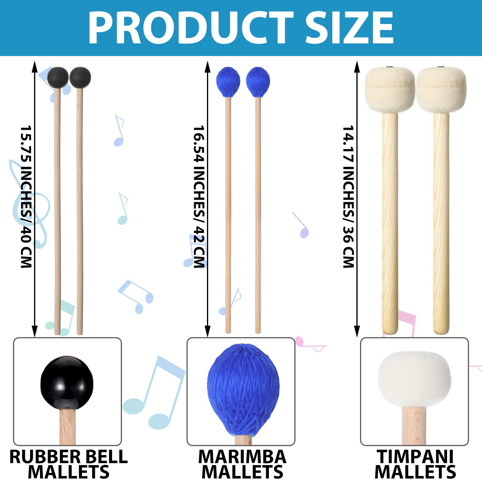 Cindeer 3 Pcs Pairs Drum Mallet 1 Blue Hard Yarn Head Keyboard Marimba Mallets 1 Black Rubber Bell 1 Mallets Wool Felt Drum Stick for Percussion Bass Timpani Instrument Bell Glockenspiel