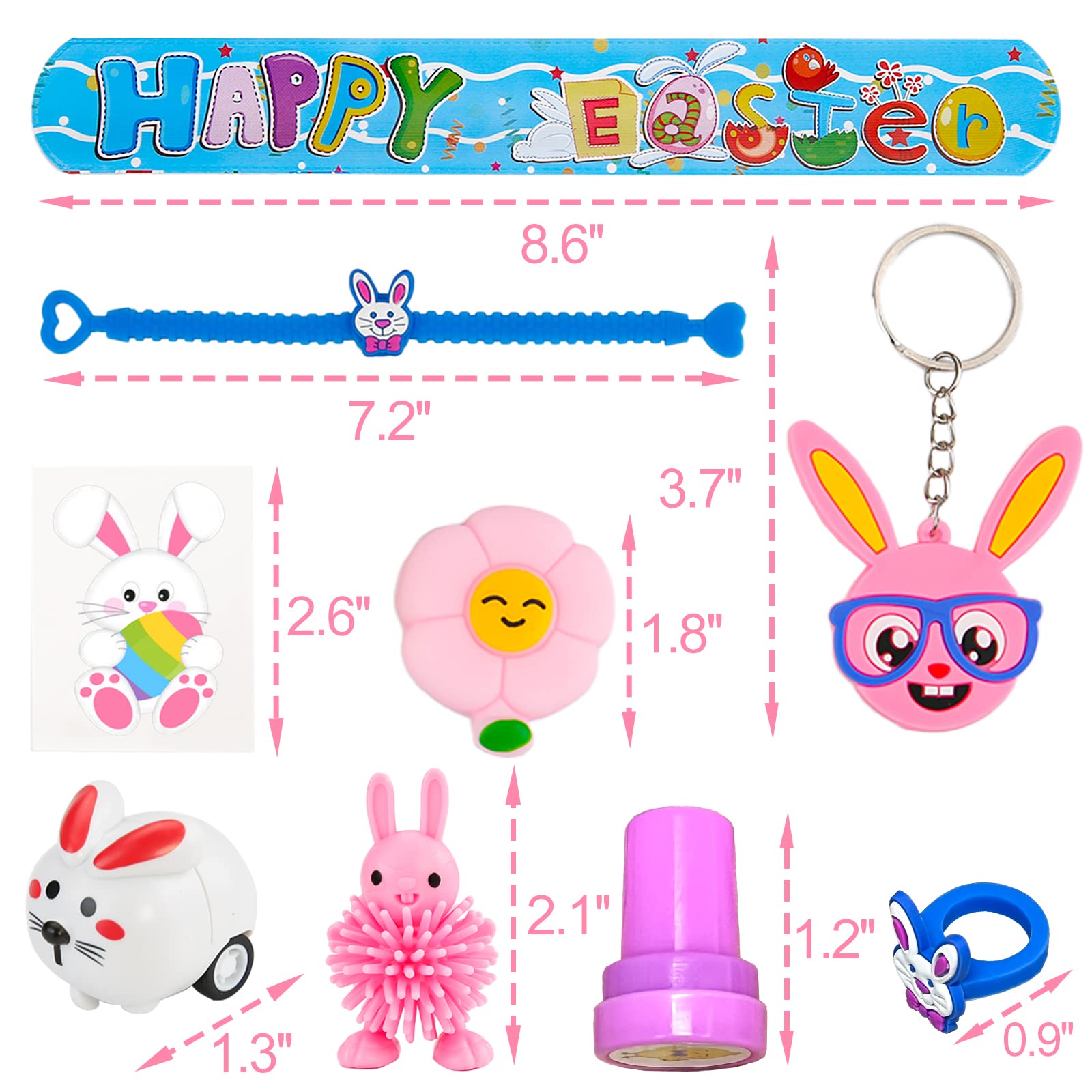 Easter Basket Stuffers - 60 Pack Easter Egg Fillers - Easter Gifts with Squishy Slap Bracelets Stamps Cars Rings Tattoos Keychains Puffer Fidget Toys Party Favors Classroom Prizes Boys Girls Kids