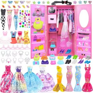 BNUZEIYI 85PCS Doll Clothes and Accessories with Doll Closet for 11.5 Inch Doll - Fashion Design Doll Set Including Wedding Dress Fashion Dresses Outfits Tops and Pants Shoes Hangers Bags for Girls