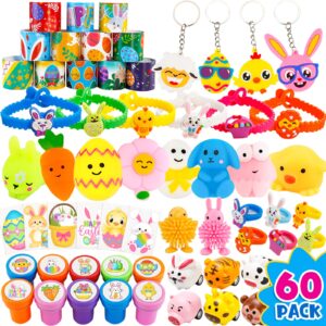 easter basket stuffers - 60 pack easter egg fillers - easter gifts with squishy slap bracelets stamps cars rings tattoos keychains puffer fidget toys party favors classroom prizes boys girls kids