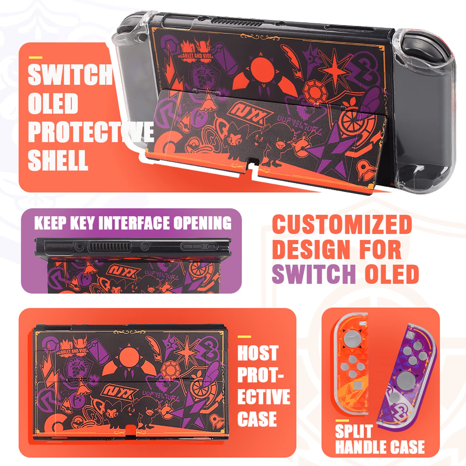 Carrying Case Compatible with Nintendo Switch Oled（Scarlet & Violet ),Switch Oled Case Cover with Screen Protector,Playstand,Thumb Grip Caps for Nintendo Switch Oled.