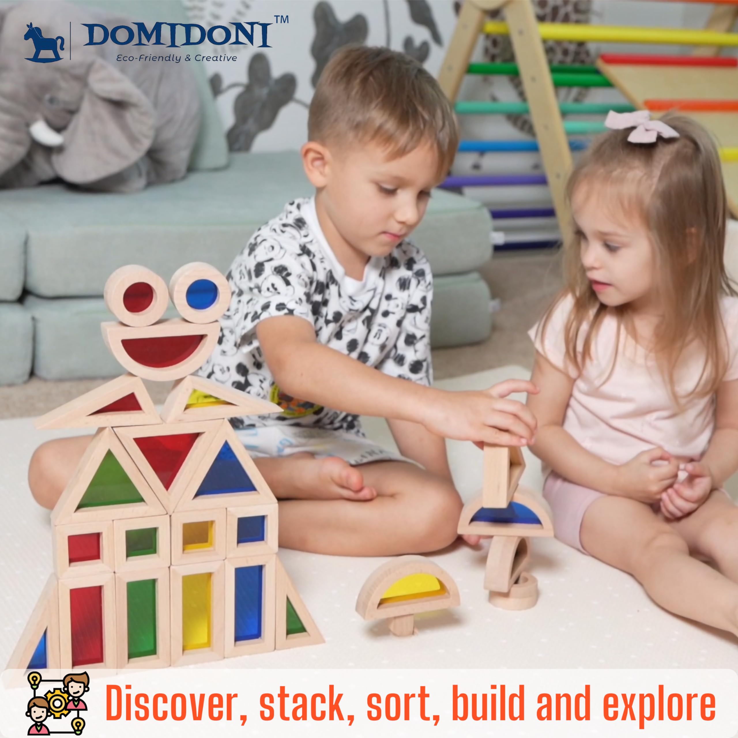 DomiDoni Wood Building Blocks Set - Montessori Toys Wooden Stacking Blocks for Toddlers Baby Boys and Girls - Preschool Shape Sorting and Stacking Wooden Toys Gifts for Kids