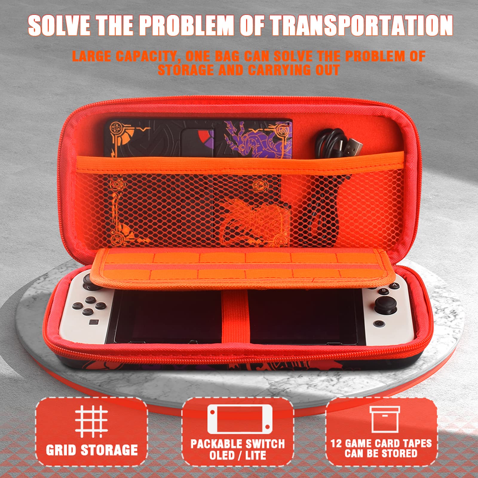 Carrying Case Compatible with Nintendo Switch Oled（Scarlet & Violet ),Switch Oled Case Cover with Screen Protector,Playstand,Thumb Grip Caps for Nintendo Switch Oled.