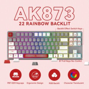 Magic-Refiner AK873 Gaming Keyboard,Rainbow Led Backlit,Hot-Swappable Linear Red Switch,PBT Keycap,75% TKL Layout,Ergonomic Mechanical Keyboard with Custom Coiled USB/Type-C Aviation Cable(White Grey)