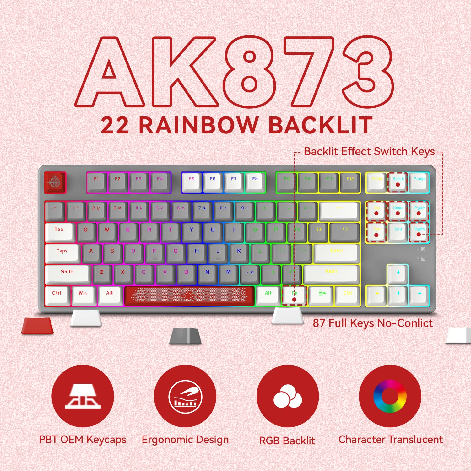 Magic-Refiner AK873 Gaming Keyboard,Rainbow Led Backlit,Hot-Swappable Linear Red Switch,PBT Keycap,75% TKL Layout,Ergonomic Mechanical Keyboard with Custom Coiled USB/Type-C Aviation Cable(White Grey)