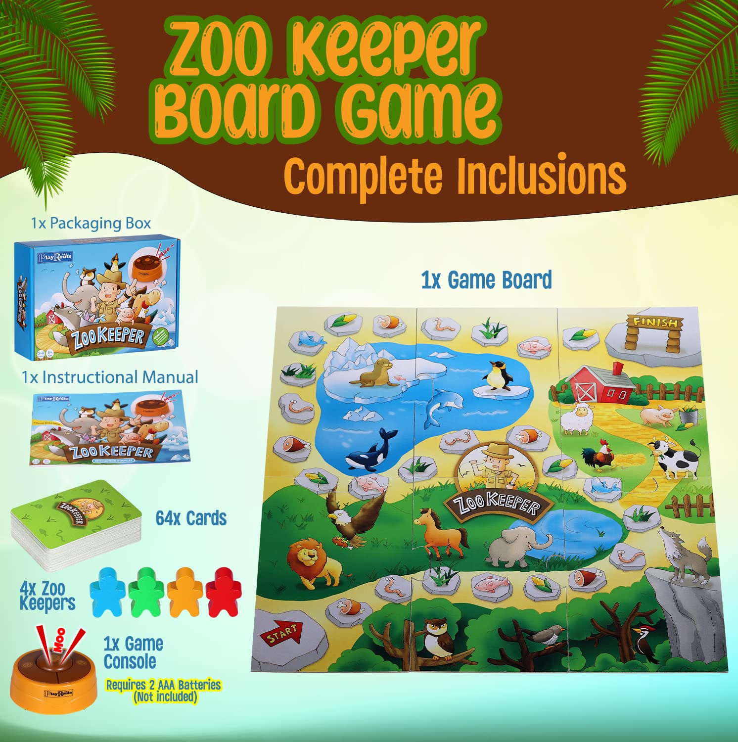 PlayRoute Zoo Keeper Game | Animal Games with Realistic Animal Sounds | 4 Level Board & Card Games | Educational Learning Activity for Kids Ages 5-12 Years and Up