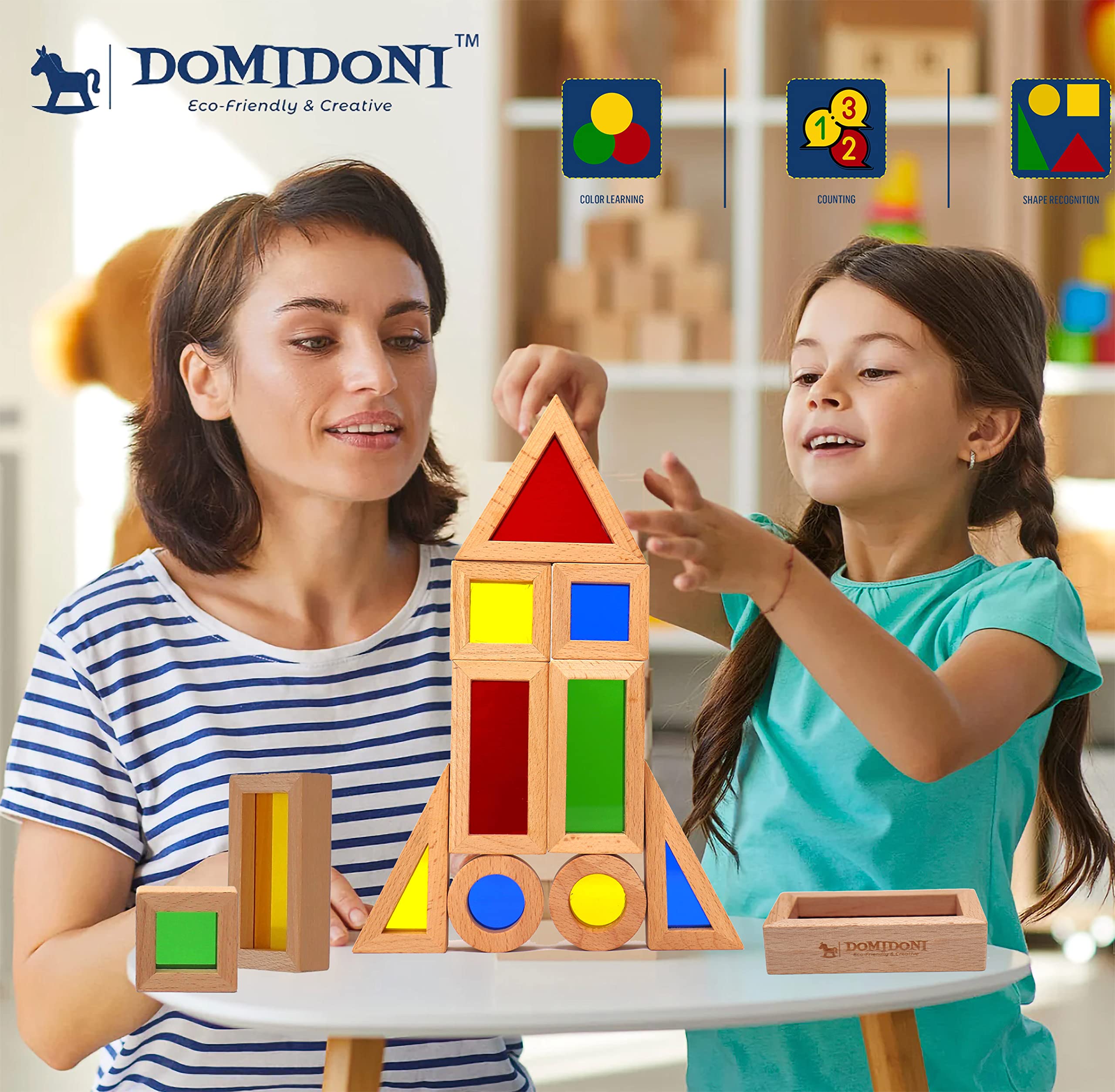 DomiDoni Wood Building Blocks Set - Montessori Toys Wooden Stacking Blocks for Toddlers Baby Boys and Girls - Preschool Shape Sorting and Stacking Wooden Toys Gifts for Kids