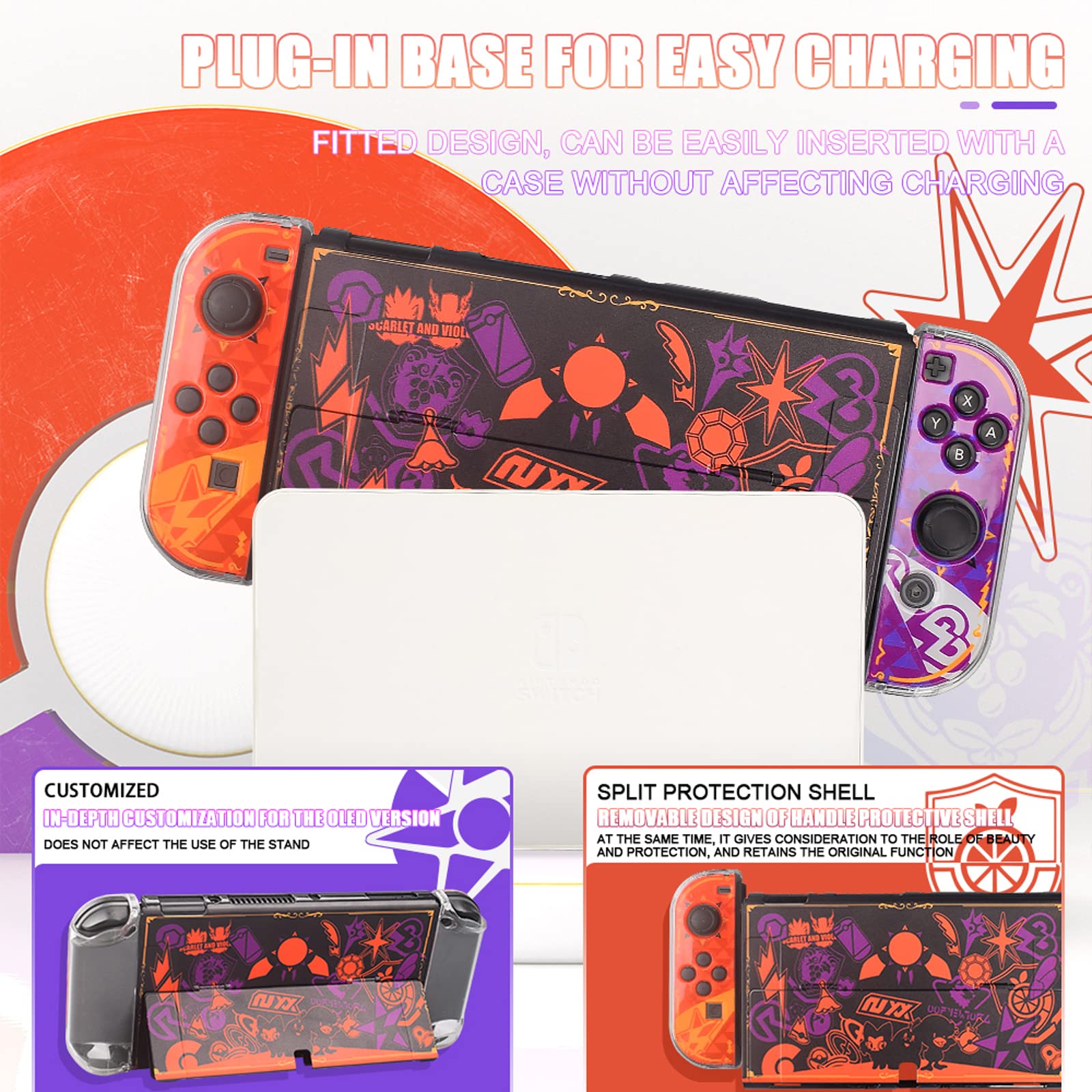 Carrying Case Compatible with Nintendo Switch Oled（Scarlet & Violet ),Switch Oled Case Cover with Screen Protector,Playstand,Thumb Grip Caps for Nintendo Switch Oled.