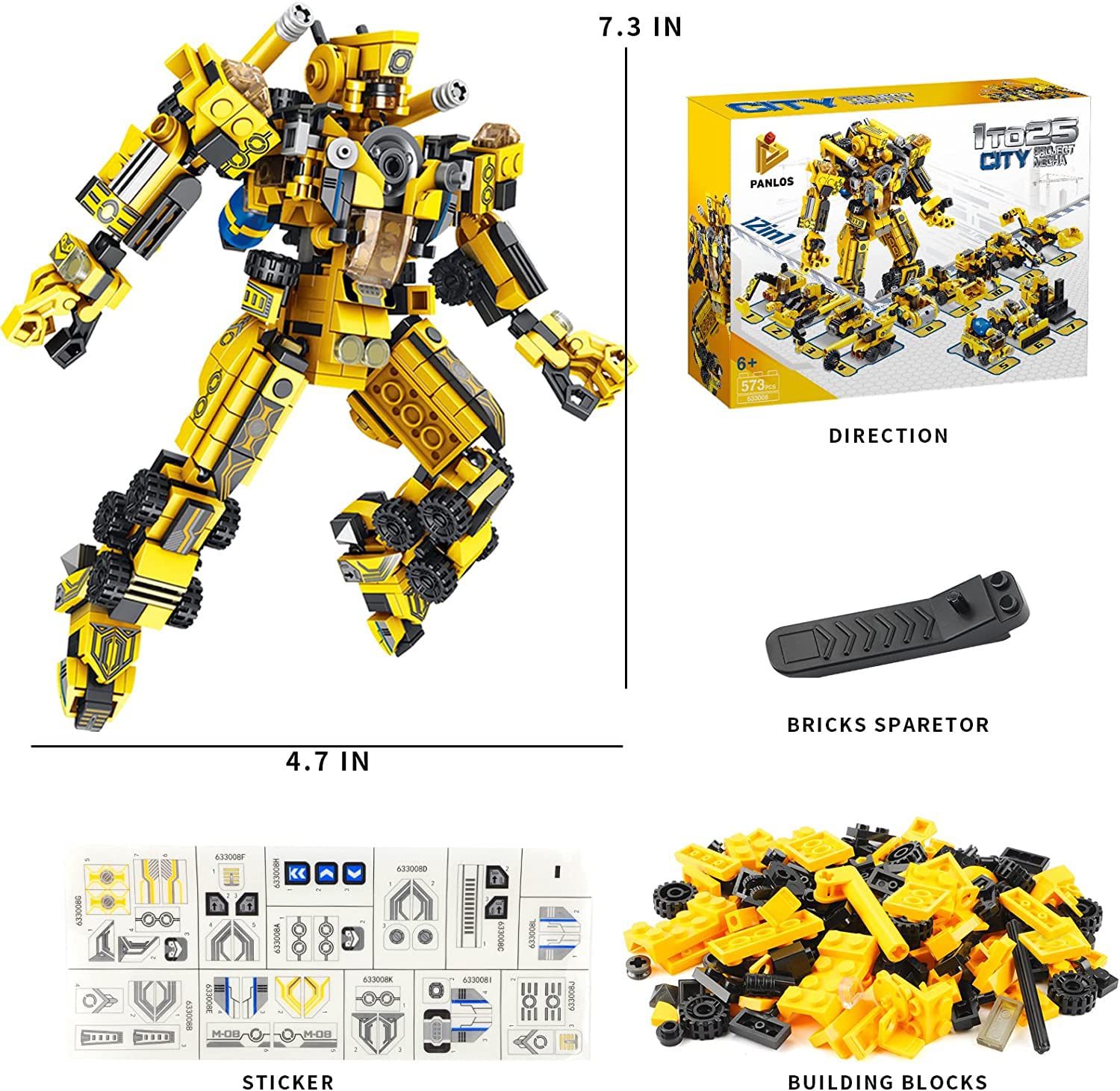 PANLOS Robot Building Toys, 12-in-1 Transforming Engineering Building Blocks Construction Vehicles Kit, STEM Learning Building Bricks Set, Birthday Gifts for Kids Boys Girls Age 6-12 (573 Pieces)