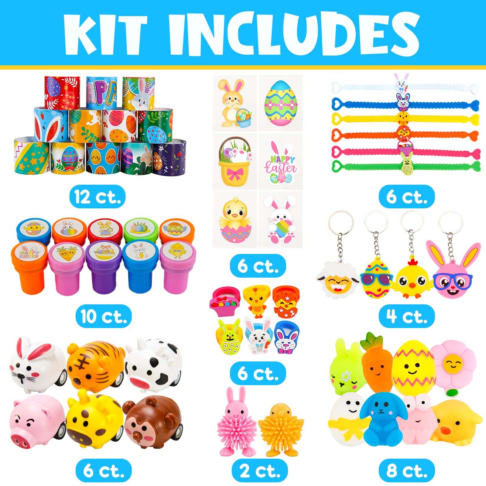 Easter Basket Stuffers - 60 Pack Easter Egg Fillers - Easter Gifts with Squishy Slap Bracelets Stamps Cars Rings Tattoos Keychains Puffer Fidget Toys Party Favors Classroom Prizes Boys Girls Kids