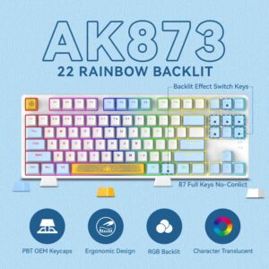 MAGIC-REFINER AK873 Gaming Keyboard,Rainbow Led Backlit,Hot-Swappable Blue Switch,PBT Keycap,75% TKL Layout,Ergonomic Mechanical Keyboard with Custom Coiled USB/Type-C Aviation Cable(Blue White)