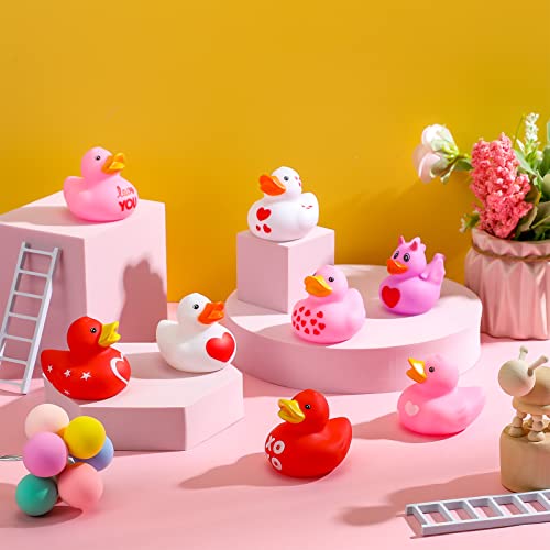 Leitee 48 Pieces Valentine Rubber Ducks Heart Rubber Ducks Red and Pink Valentine Ducks Valentines Day Party Favors Mini Ducks Bulk for Valentines Day Birthday Decoration, 8 Styles