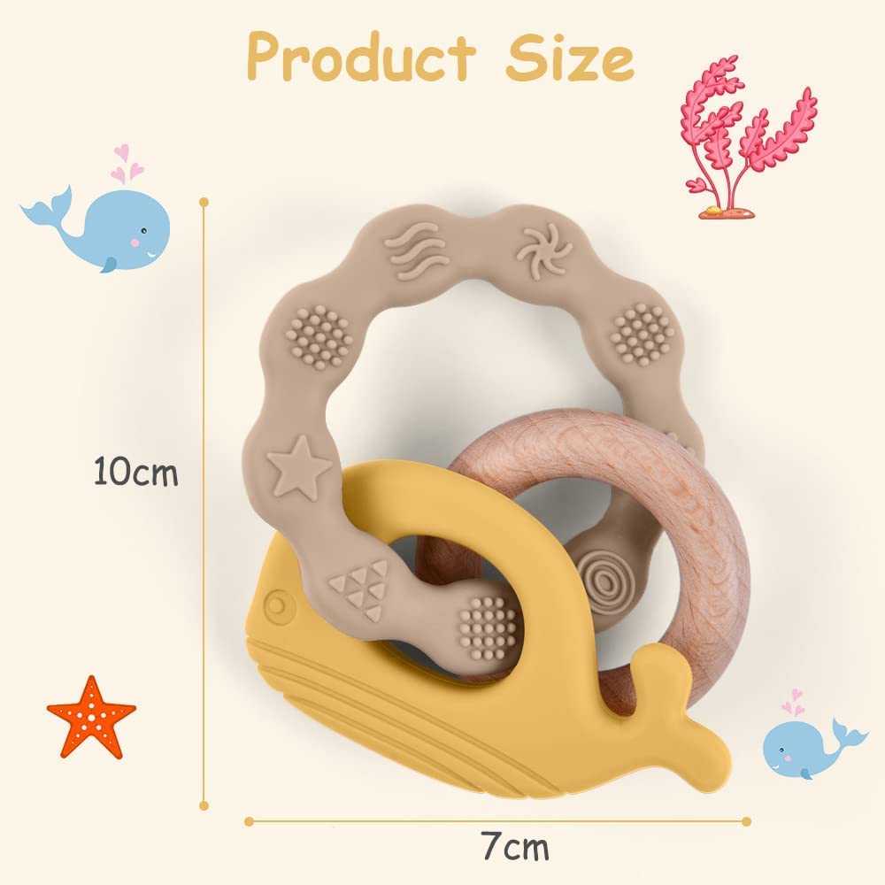 Vicloon Baby Teether Toys, Silicone & Natural Wood Teether Ring, Baby Teething Toys for Babies 0 Months+, Silicone Chewable Rings for Newborn Gift（Yellow）