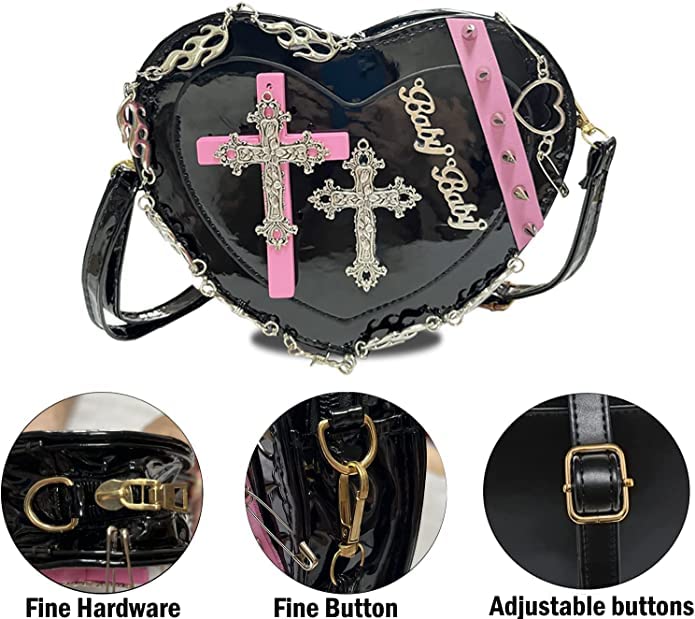 Gothic Heart-shaped Zip Chain Crossbody Bag Kawaii Wallet Y2k Shoulder Bag Y2k Fashion Y2k Purse (Black)